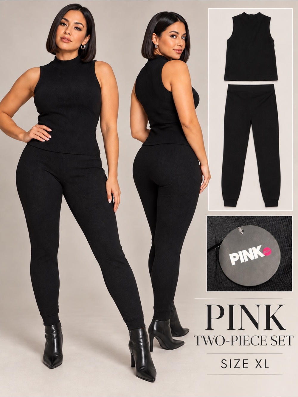PINK Women's Black Ribbed Two-Piece Pants & Top Set
